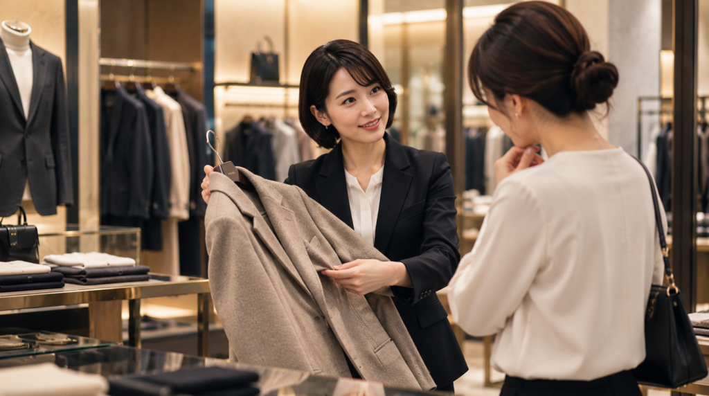 高価格帯アパレル商品を接客販売する販売スタッフ